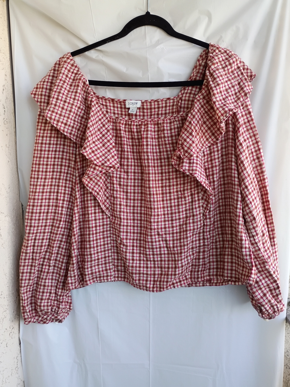J.Crew Factory Plaid Ruffle Square Neck Long Sleeve Top Size Large